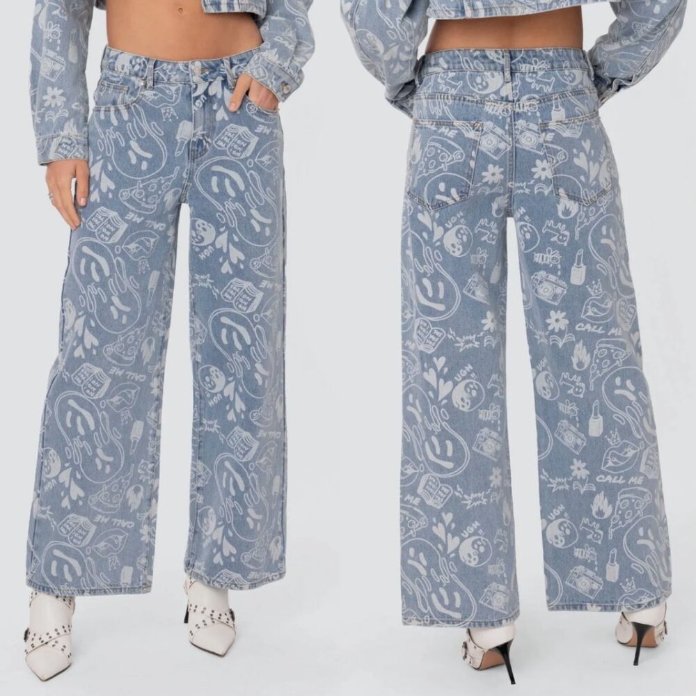 Edikted Cropped Denim Jacket & Malia Printed Wide Leg Jeans Streetwear - Picture 4 of 16